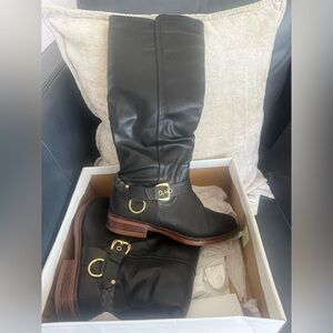 XOXO Black Over-the-Knee Boots with Gold Buckle Accents